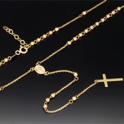 Edle Rosenkranz Y-Kette mit kleinem Amulett und Kreuzanhänger in hochwertigem 14K / 585 Gelbgold