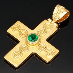 MAssiver Kreuz-Anhänger mit eingefassten, funkelnden, kolumbianischen Smaragd in aufwendigem Rundschliff (ca. 0,29 ct.) in edlem Gold (750 18K Gelbgold)