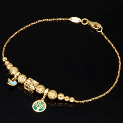 Außergewöhnliches Goldarmband mit detailreichen, eingearbeiteten Elementen und Goldperlen (585er 14k), ca. 19cm lang