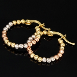 Edle 14 Karat (585) Tricolor Gold-Creolen mit fein geriffelt, strukturierten Goldperlen (Gelbgold, Roségold und Weißgold)