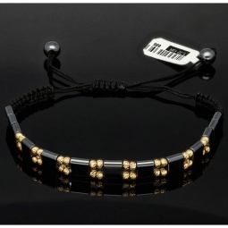 Trendiges, längenverstellbares Kugel Zug-Armband mit 32 Perlen aus hochwertigem Gold in 585 / 14K und glänzenden, grauschwarzen Beads