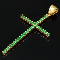 Massiver Kreuz-Anhänger aus edlem 14k / 585 Gold (Gelbgold) besetzt mit grünen, leuchtenden Zirkoniasteinen in Krappenfassungen