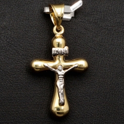 Filigran gearbeiteter Kreuz Anhänger - Jesus Christus aus funkelndem Gold 14k (585) Gelbgold und Weißgold - glänzend poliert