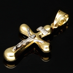 Filigran gearbeiteter Kreuz Anhänger - Jesus Christus aus funkelndem Gold 14k (585) Gelbgold und Weißgold - glänzend poliert