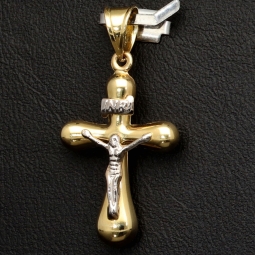 Filigran gearbeiteter Kreuz Anhänger - Jesus Christus aus funkelndem Gold 14k (585) Gelbgold und Weißgold - glänzend poliert