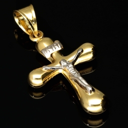 Filigran gearbeiteter Kreuz Anhänger - Jesus Christus aus funkelndem Gold 14k (585) Gelbgold und Weißgold - glänzend poliert