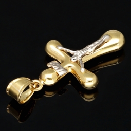Filigran gearbeiteter Kreuz Anhänger - Jesus Christus aus funkelndem Gold 14k (585) Gelbgold und Weißgold - glänzend poliert