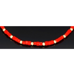Modernes Kugel Zugarmband mit 15 edlen Goldperlen aus hochwertigem 585 14K und intensiv rot, leuchtenden Beads
