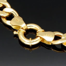 Außergewöhnliches Panzerarmband aus hochglanz poliertem Gelbgold (14K/585 Gold) in 8mm Stärke, ca. 20,5cm Länge