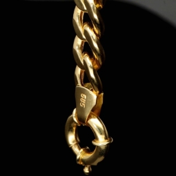 Außergewöhnliches Panzerarmband aus hochglanz poliertem Gelbgold (14K/585 Gold) in 8mm Stärke, ca. 20,5cm Länge