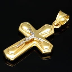 Funkelnder Jesus-Kreuz Goldanhänger aus edlem 14k 585 Bicolor Gold (Gelbgold und Weißgold)