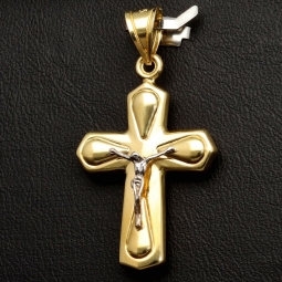 Funkelnder Jesus-Kreuz Goldanhänger aus edlem 14k 585 Bicolor Gold (Gelbgold und Weißgold)