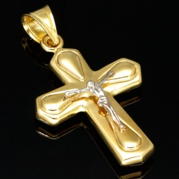 Funkelnder Jesus-Kreuz Goldanhänger aus edlem 14k 585 Bicolor Gold (Gelbgold und Weißgold)