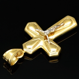 Funkelnder Jesus-Kreuz Goldanhänger aus edlem 14k 585 Bicolor Gold (Gelbgold und Weißgold)
