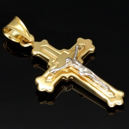 Hochwertig produzierter Jesus-Kreuz-Anhänger aus funkelndem 14k 585 Bicolor Gold (Gelbgold und Weißgold)