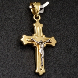 Hochwertig produzierter Jesus-Kreuz-Anhänger aus funkelndem 14k 585 Bicolor Gold (Gelbgold und Weißgold)