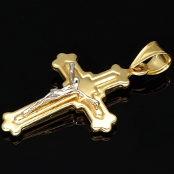 Hochwertig produzierter Jesus-Kreuz-Anhänger aus funkelndem 14k 585 Bicolor Gold (Gelbgold und Weißgold)