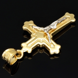 Hochwertig produzierter Jesus-Kreuz-Anhänger aus funkelndem 14k 585 Bicolor Gold (Gelbgold und Weißgold)