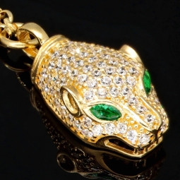 Anmutige Goldkette / Collier mit Pantherkopf-Anhänger aus funkelndem Gold (14K 585 Gelbgold) mit Zirkoniabesatz ca. 45cm