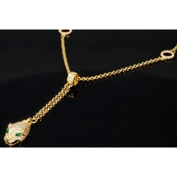 Anmutige Goldkette / Collier mit Pantherkopf-Anhänger aus funkelndem Gold (14K 585 Gelbgold) mit Zirkoniabesatz ca. 45cm