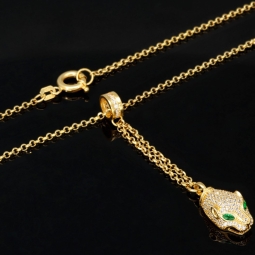 Anmutige Goldkette / Collier mit Pantherkopf-Anhänger aus funkelndem Gold (14K 585 Gelbgold) mit Zirkoniabesatz ca. 45cm