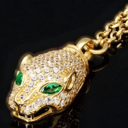 Anmutige Goldkette / Collier mit Pantherkopf-Anhänger aus funkelndem Gold (14K 585 Gelbgold) mit Zirkoniabesatz ca. 45cm