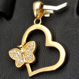 Funkelnder Anhänger - Herz mit Schmetterling aus 585er 14K Gold (Gelbgold) mit Zirkonia besetzt
