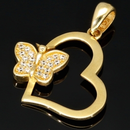Funkelnder Anhänger - Herz mit Schmetterling aus 585er 14K Gold (Gelbgold) mit Zirkonia besetzt