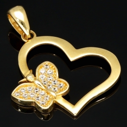 Funkelnder Anhänger - Herz mit Schmetterling aus 585er 14K Gold (Gelbgold) mit Zirkonia besetzt