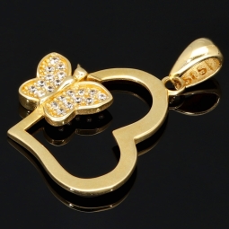Funkelnder Anhänger - Herz mit Schmetterling aus 585er 14K Gold (Gelbgold) mit Zirkonia besetzt