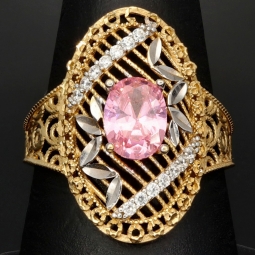 Kunstvoll gearbeiteter Ring für Damen aus edlem Gold (14K 585 Gelbgold) mit filigranem Muster, besetzt mit einem funkelnden, pinken Zirkoniastein in RG 56-57