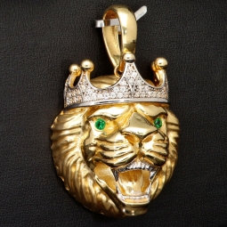 Exklusiver Löwenkopf-Anhänger aus hochwertigem Bicolor 14k 585 Gold (Gelbgold und Weißgold) mit funkelnden Zirkoniasteinen besetzt – (ca. 10,6 g)