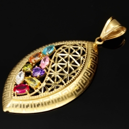 Edler Gold-Anhänger mit Greco Design in 14K 585 Gold (Gelbgold), verziert mit strahlend, bunten Zirkoniasteinen