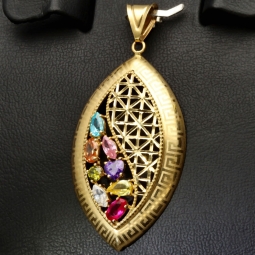 Edler Gold-Anhänger mit Greco Design in 14K 585 Gold (Gelbgold), verziert mit strahlend, bunten Zirkoniasteinen