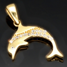 Glänzender Delfin - Anhänger mit Zirkoniabesatz aus hochwertigem Gold 585 / 14 Karat Gelbgold