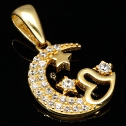 Hochwertig gearbeiteter Anhänger aus 14K / 585 Gold im Halbmond-Design mit Herz, Sternen und leuchtenden Zirkonia