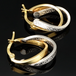 Stilvoll geschwungene Doppel-Creolen aus hochwertigem Bicolor 585 / 14K Gold (Gelbgold und Weißgold) mit feinem Greco-Design
