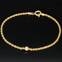 Hochwertig produziertes Twist-Armband / Kordelarmband mit stilvoll eingearbeiteter Goldperle aus edlem 585 14k Gold, ca. 2mm breit, 19cm lang