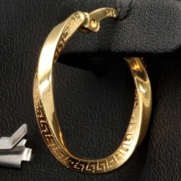 Glänzende Spiral-Ohrringe / Twist-Creolen mit feinem Greco-Muster aus exquisitem 585 / 14K Gold