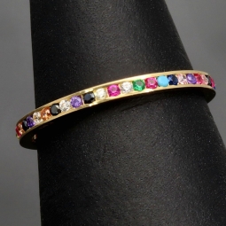 Rainbow Memory Ring aus edlem 14K (585) Gold besetzt mit funkelnden, farbenfrohen Zirkoniasteinen in Ringgröße ca. 50