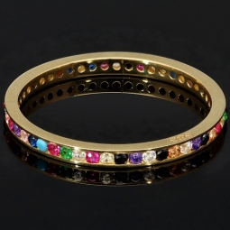Rainbow Memory Ring aus edlem 14K (585) Gold besetzt mit funkelnden, farbenfrohen Zirkoniasteinen in Ringgröße ca. 50