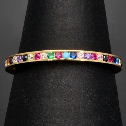 Rainbow Memory Ring aus edlem 14K (585) Gold besetzt mit funkelnden, farbenfrohen Zirkoniasteinen in Ringgröße ca. 50