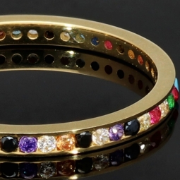 Rainbow Memory Ring aus edlem 14K (585) Gold besetzt mit funkelnden, farbenfrohen Zirkoniasteinen in Ringgröße ca. 50