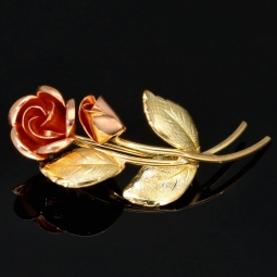 Fein gearbeitete Ansteckblume - edle Brosche / Reversnadel mit Rosen-Motiv aus 8k 333 Bicolor Gold (Gelbgold und Weißgold)