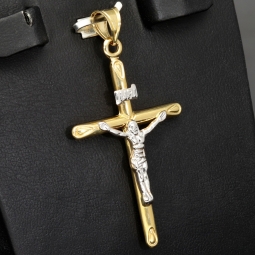 Edler Jesus Christus Kreuz-Anhänger, filigran gearbeitet aus funkelndem Gold (14k/585 Bicolor Gelbgold und Weißgold)