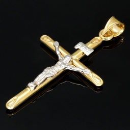 Edler Jesus Christus Kreuz-Anhänger, filigran gearbeitet aus funkelndem Gold (14k/585 Bicolor Gelbgold und Weißgold)