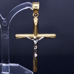 Edler Jesus Christus Kreuz-Anhänger, filigran gearbeitet aus funkelndem Gold (14k/585 Bicolor Gelbgold und Weißgold)