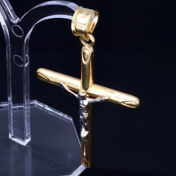 Edler Jesus Christus Kreuz-Anhänger, filigran gearbeitet aus funkelndem Gold (14k/585 Bicolor Gelbgold und Weißgold)