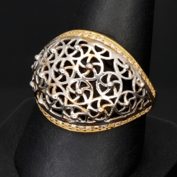 Filigranring Ornament-Ring für Damen aus edlem 585er 14K Bicolor Gold (Gelbgold und Weißgold) in Ringgröße ca. 59 - mit feinem Zirkoniabesatz
