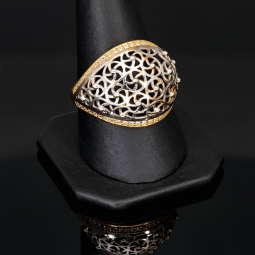 Filigranring Ornament-Ring für Damen aus edlem 585er 14K Bicolor Gold (Gelbgold und Weißgold) in Ringgröße ca. 59 - mit feinem Zirkoniabesatz